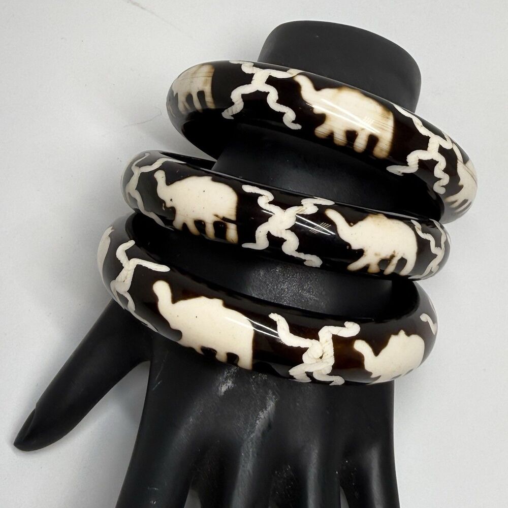 African Elephant Lot Of Three Dark Brown And Cream Bangle Handmade Bracelets